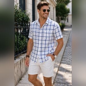 NWOT Old Navy Linen Cotton Shirt Men M Blue White Plaid Short Sleeve Summer